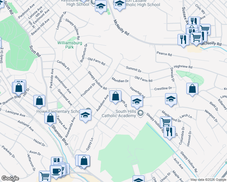 map of restaurants, bars, coffee shops, grocery stores, and more near 446 Sleepy Hollow Road in Pittsburgh