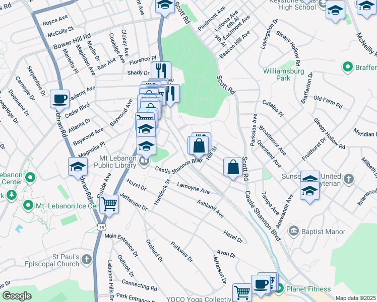 map of restaurants, bars, coffee shops, grocery stores, and more near 764 Shady Drive East in Mt. Lebanon