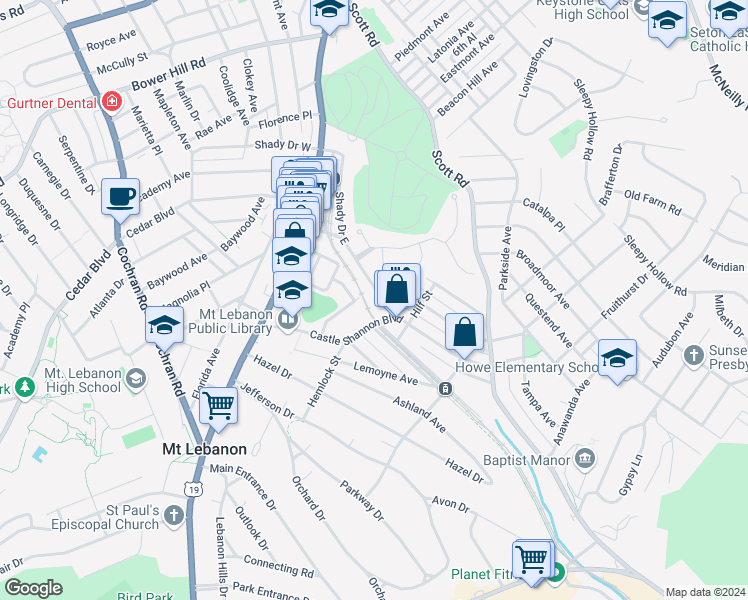 map of restaurants, bars, coffee shops, grocery stores, and more near 764 Shady Drive East in Mount Lebanon