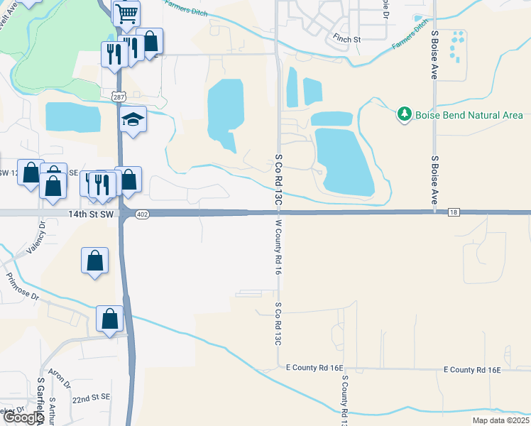 map of restaurants, bars, coffee shops, grocery stores, and more near 1051 Colorado 402 in Loveland