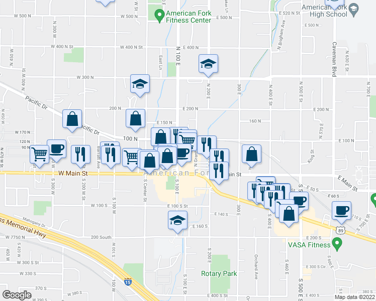 map of restaurants, bars, coffee shops, grocery stores, and more near 135 East Main Street in American Fork