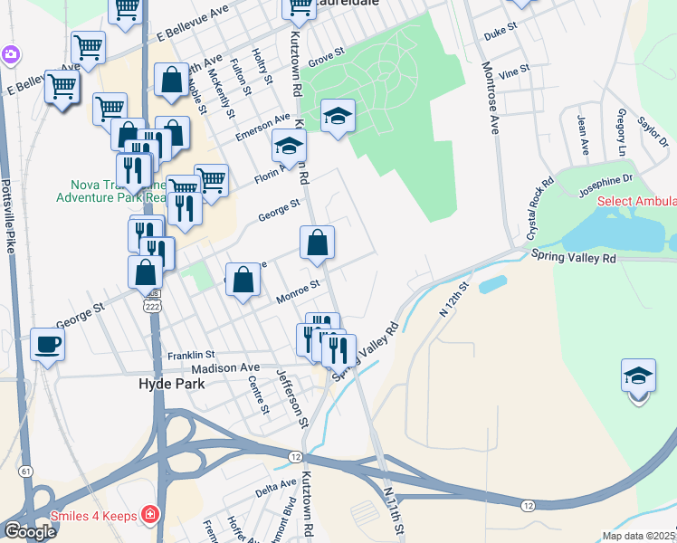 map of restaurants, bars, coffee shops, grocery stores, and more near 2847 Kutztown Road in Laureldale