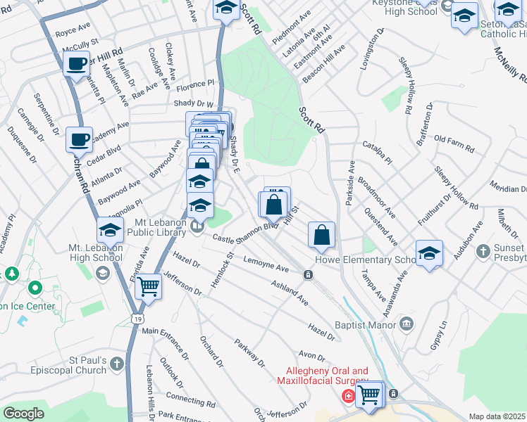 map of restaurants, bars, coffee shops, grocery stores, and more near 764 Shady Drive East in Mount Lebanon