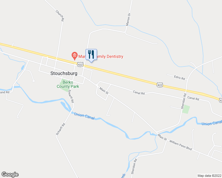 map of restaurants, bars, coffee shops, grocery stores, and more near 17 Main Street in Womelsdorf