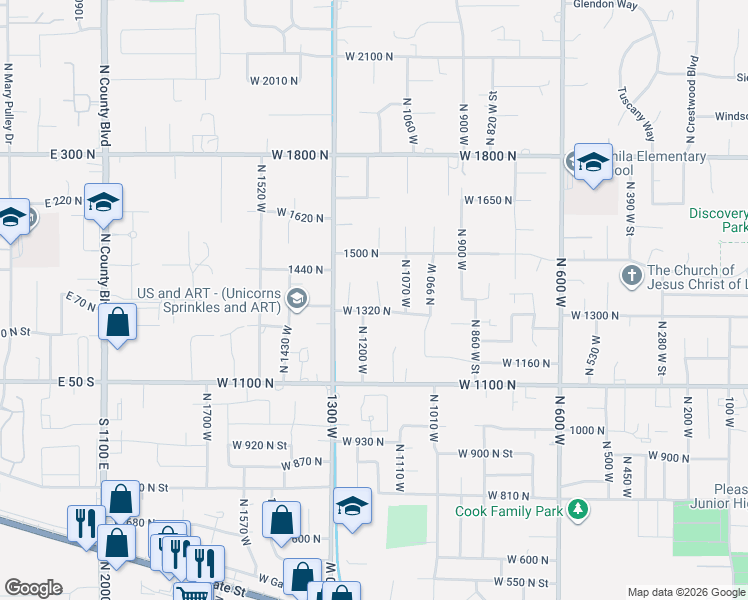 map of restaurants, bars, coffee shops, grocery stores, and more near 1351n North 1150 West in Pleasant Grove