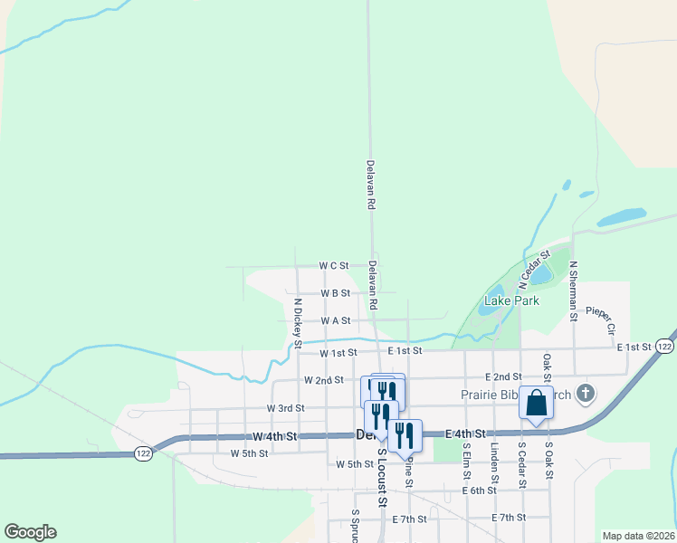 map of restaurants, bars, coffee shops, grocery stores, and more near 116 West C Street in Delavan