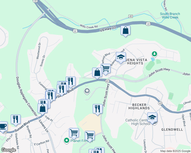 map of restaurants, bars, coffee shops, grocery stores, and more near 3949 Argonne Avenue in Steubenville