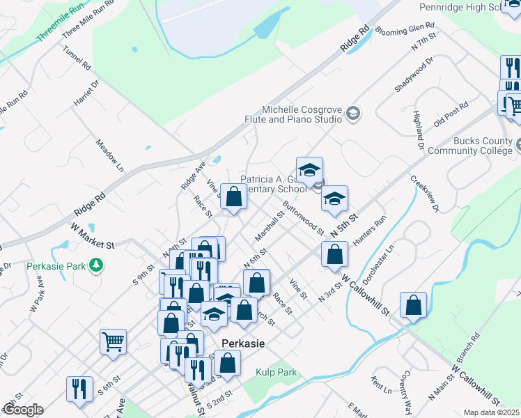 map of restaurants, bars, coffee shops, grocery stores, and more near 401 N 7th St in Perkasie