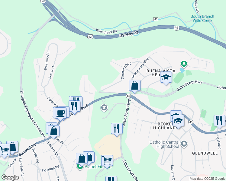 map of restaurants, bars, coffee shops, grocery stores, and more near 3949 Argonne Avenue in Steubenville