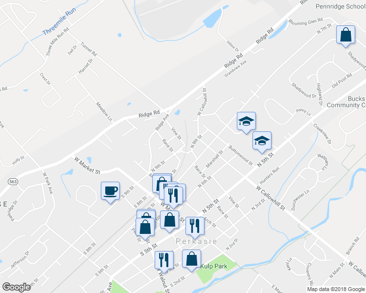 map of restaurants, bars, coffee shops, grocery stores, and more near 910 Vine Street in Perkasie