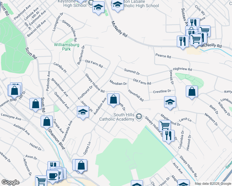 map of restaurants, bars, coffee shops, grocery stores, and more near 446 Sleepy Hollow Road in Pittsburgh