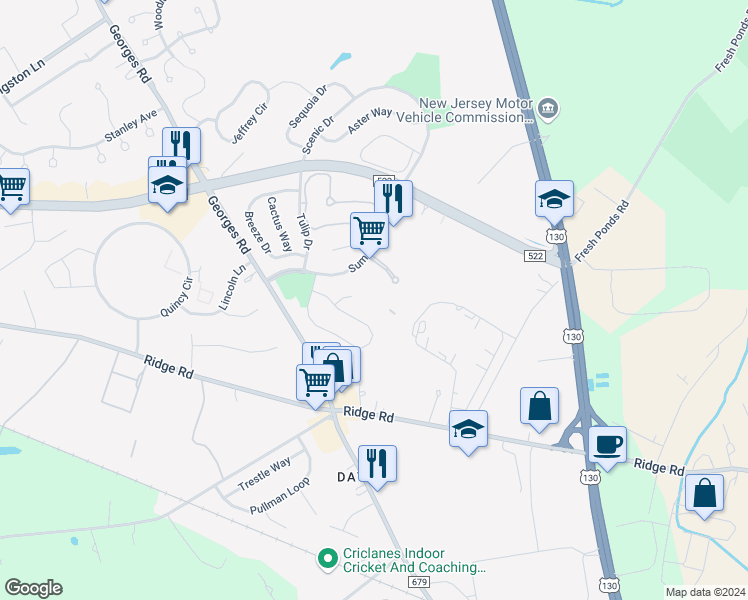 map of restaurants, bars, coffee shops, grocery stores, and more near 509 Blossom Circle in South Brunswick Township