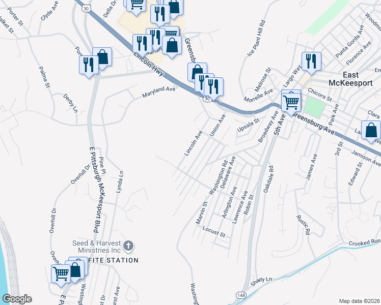 map of restaurants, bars, coffee shops, grocery stores, and more near 114 Union Avenue in North Versailles