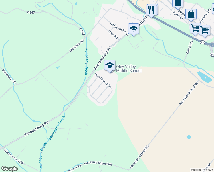 map of restaurants, bars, coffee shops, grocery stores, and more near 27 New Hope Boulevard in Oley