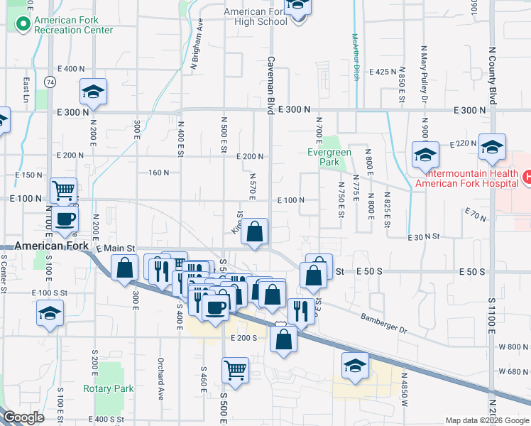 map of restaurants, bars, coffee shops, grocery stores, and more near 91 Caveman Boulevard in American Fork