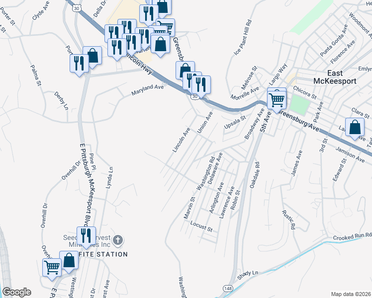 map of restaurants, bars, coffee shops, grocery stores, and more near 114 Union Avenue in North Versailles