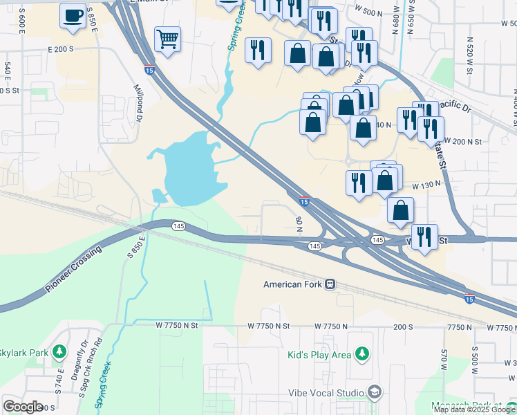 map of restaurants, bars, coffee shops, grocery stores, and more near 79 North 1020 West Street in American Fork