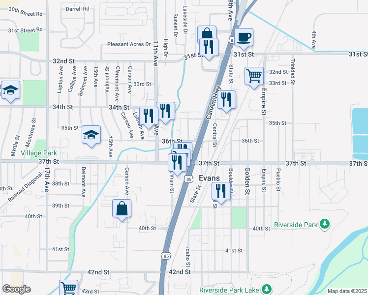 map of restaurants, bars, coffee shops, grocery stores, and more near 3601 Idaho Street in Evans
