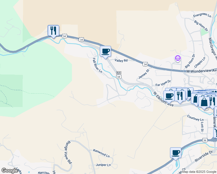 map of restaurants, bars, coffee shops, grocery stores, and more near 249 Old Man Mountain Lane in Estes Park