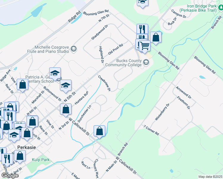 map of restaurants, bars, coffee shops, grocery stores, and more near 35 Creekview Drive in Perkasie
