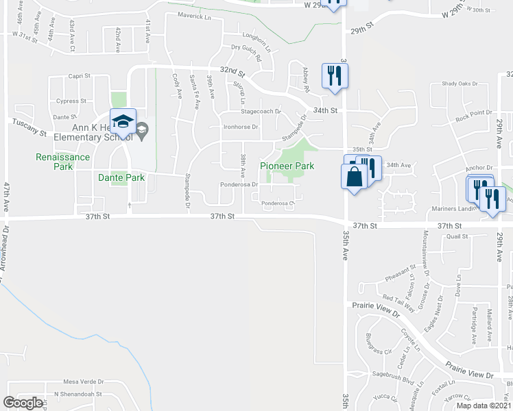 map of restaurants, bars, coffee shops, grocery stores, and more near 3758 Ponderosa Court in Evans