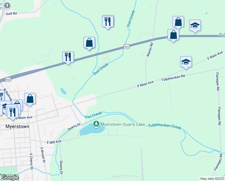 map of restaurants, bars, coffee shops, grocery stores, and more near 511 East Main Avenue in Myerstown