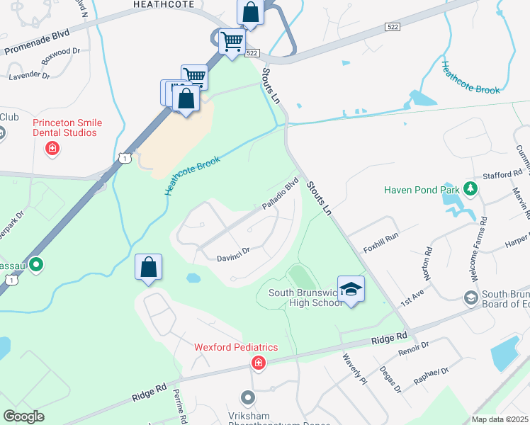 map of restaurants, bars, coffee shops, grocery stores, and more near 3 Donatello Court in South Brunswick Township