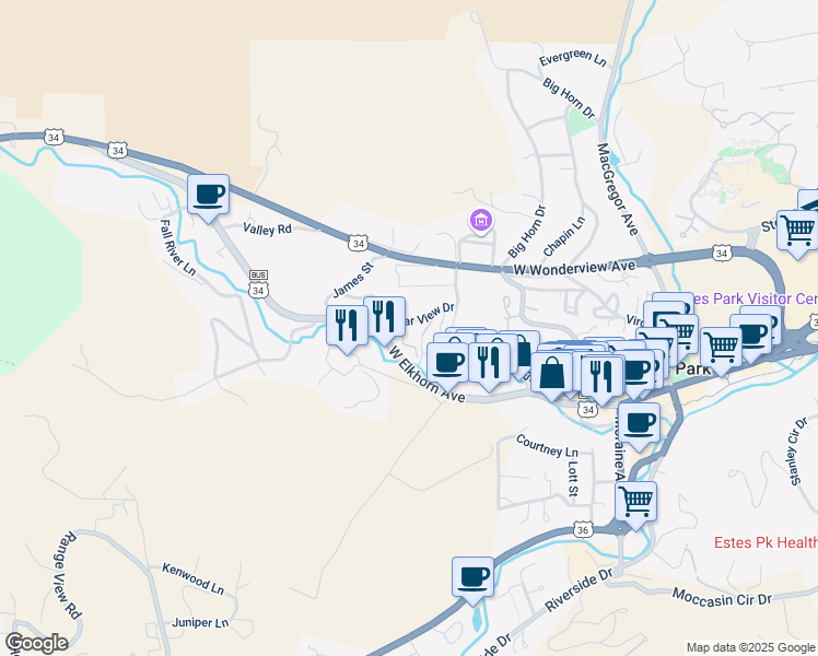 map of restaurants, bars, coffee shops, grocery stores, and more near 10 Far View Drive in Estes Park