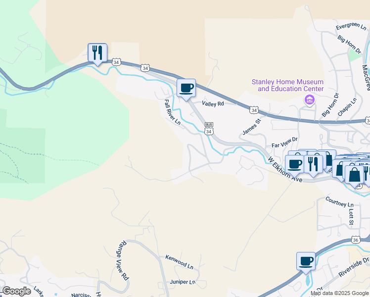 map of restaurants, bars, coffee shops, grocery stores, and more near 249 Old Man Mountain Lane in Estes Park
