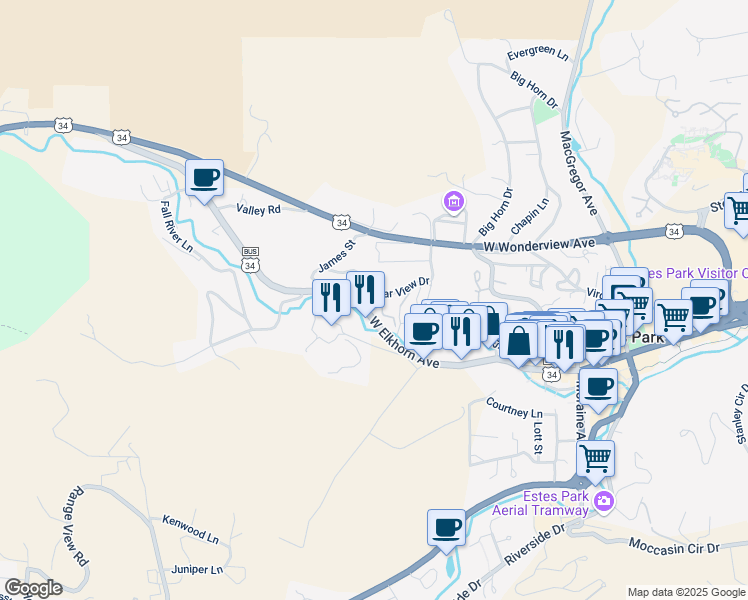 map of restaurants, bars, coffee shops, grocery stores, and more near 10 Far View Drive in Estes Park