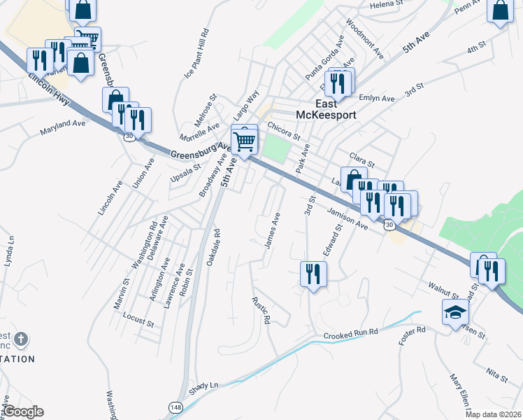 map of restaurants, bars, coffee shops, grocery stores, and more near 120 Graham Avenue in North Versailles