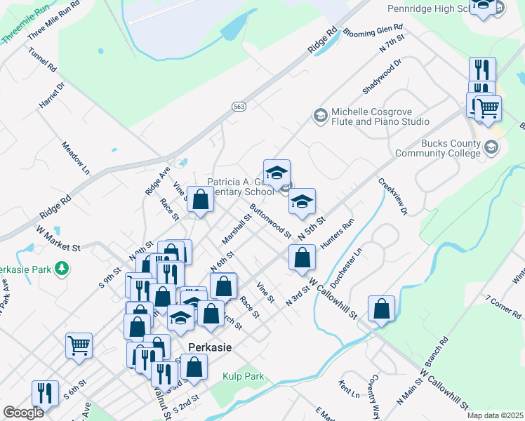 map of restaurants, bars, coffee shops, grocery stores, and more near 623 Buttonwood Street in Perkasie