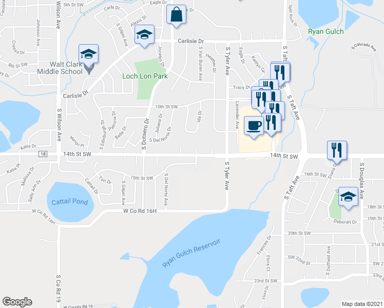 map of restaurants, bars, coffee shops, grocery stores, and more near 1707 14th Street Southwest in Loveland