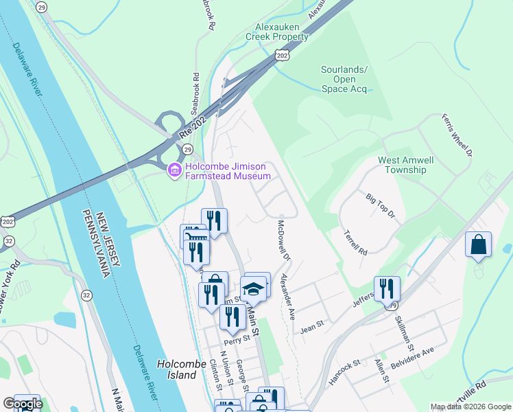 map of restaurants, bars, coffee shops, grocery stores, and more near 288 Holcombe Way in Lambertville