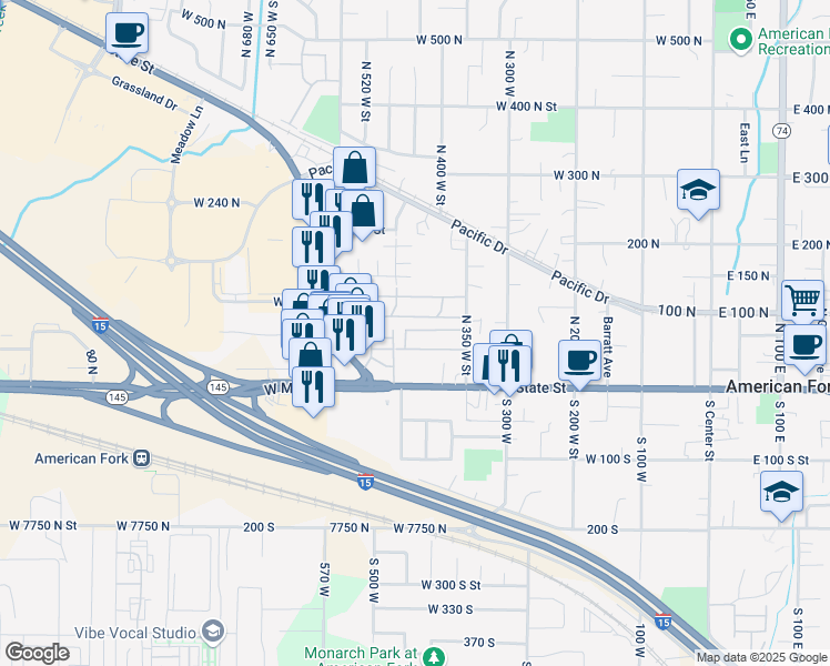 map of restaurants, bars, coffee shops, grocery stores, and more near 429 West 90 North Street in American Fork