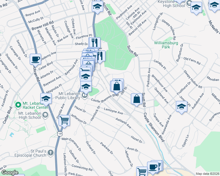 map of restaurants, bars, coffee shops, grocery stores, and more near 766 Shady Drive East in Mt. Lebanon