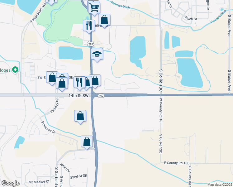 map of restaurants, bars, coffee shops, grocery stores, and more near 605 14th Street Southeast in Loveland