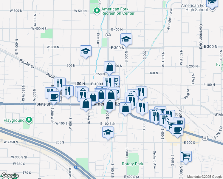map of restaurants, bars, coffee shops, grocery stores, and more near 135 East Main Street in American Fork