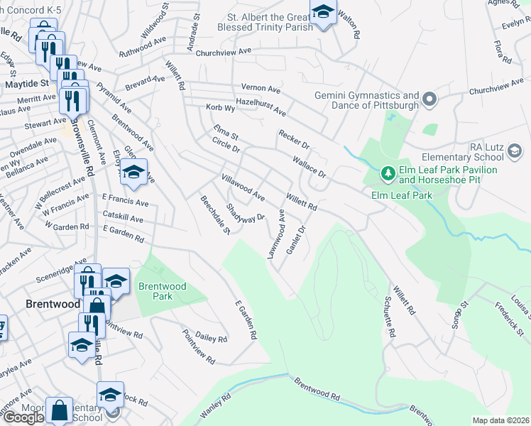 map of restaurants, bars, coffee shops, grocery stores, and more near 3327 Shadyway Drive in Pittsburgh