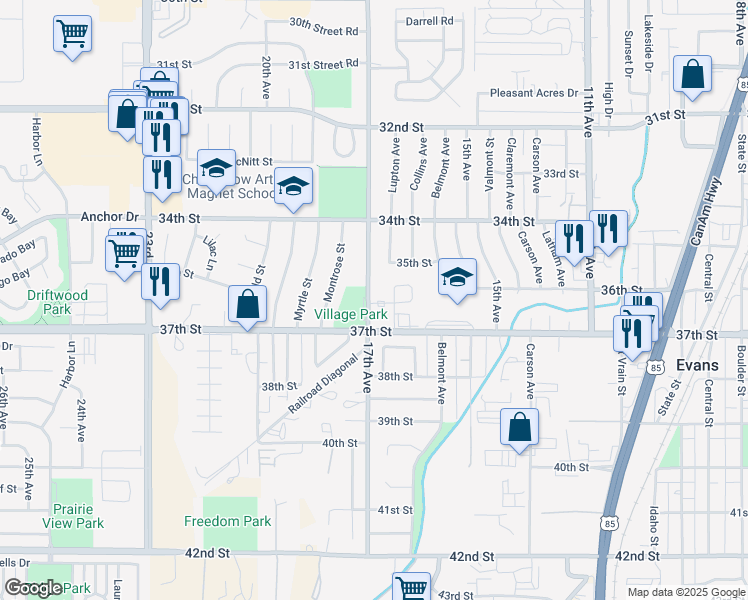 map of restaurants, bars, coffee shops, grocery stores, and more near 3600 17th Avenue in Evans