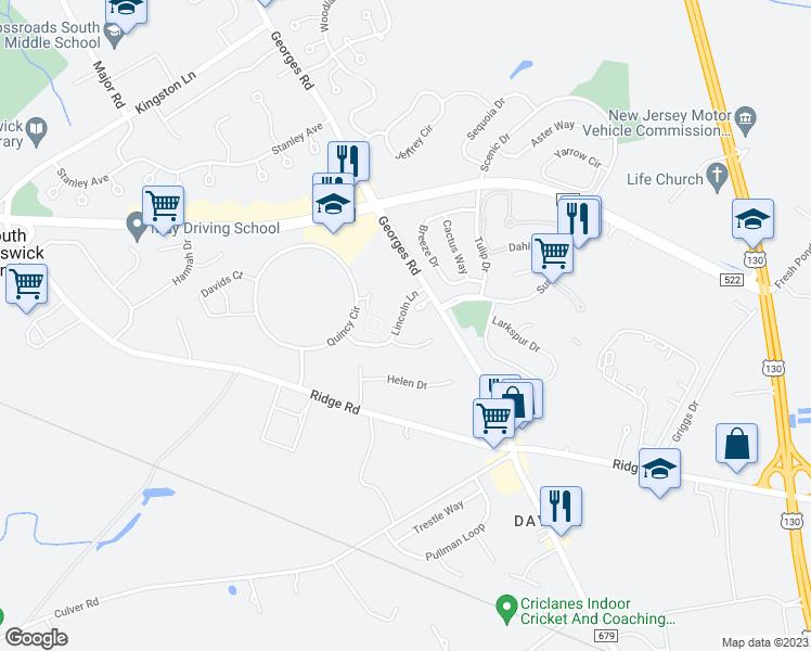 map of restaurants, bars, coffee shops, grocery stores, and more near 3 Lincoln Lane in South Brunswick Township