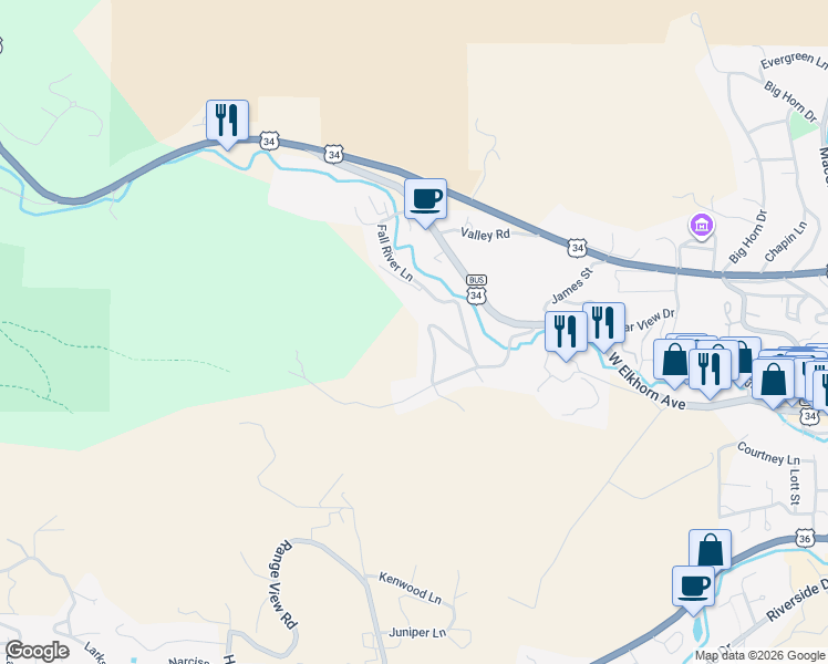 map of restaurants, bars, coffee shops, grocery stores, and more near 249 Old Man Mountain Lane in Estes Park