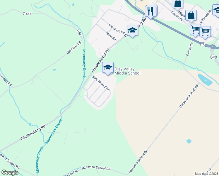 map of restaurants, bars, coffee shops, grocery stores, and more near 27 New Hope Boulevard in Oley