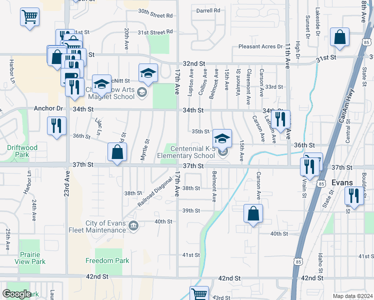 map of restaurants, bars, coffee shops, grocery stores, and more near 3600 17th Avenue in Evans