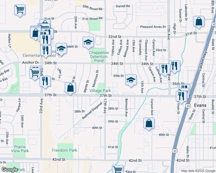 map of restaurants, bars, coffee shops, grocery stores, and more near 3600 17th Avenue in Evans