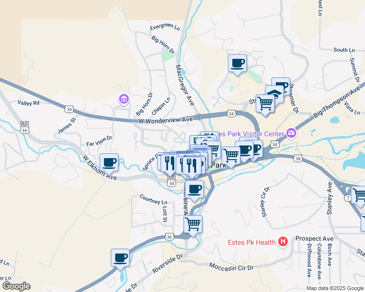 map of restaurants, bars, coffee shops, grocery stores, and more near 249 Virginia Drive in Estes Park