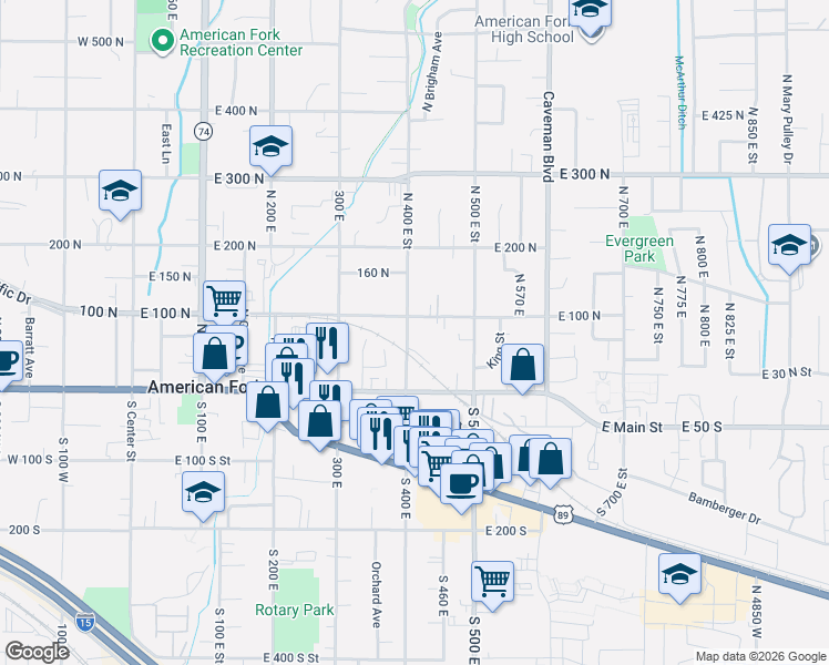 map of restaurants, bars, coffee shops, grocery stores, and more near 400 East 100 North in American Fork