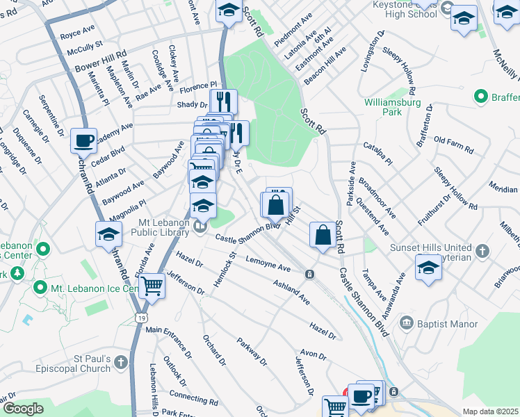 map of restaurants, bars, coffee shops, grocery stores, and more near 764 Shady Drive East in Mt. Lebanon