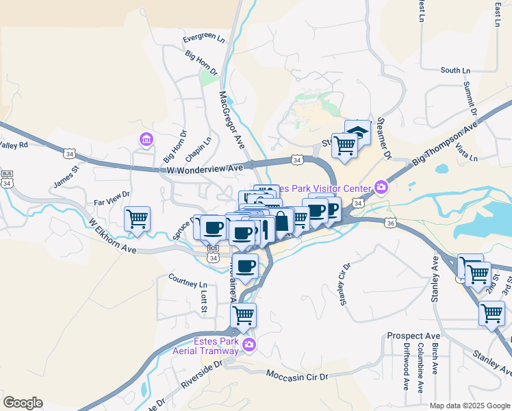 map of restaurants, bars, coffee shops, grocery stores, and more near 214 Virginia Drive in Estes Park