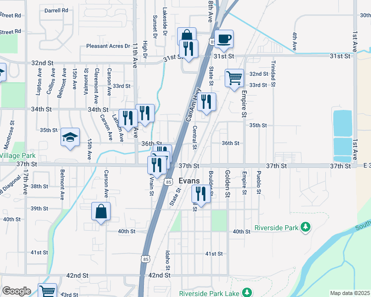 map of restaurants, bars, coffee shops, grocery stores, and more near 3602 Denver Street in Evans